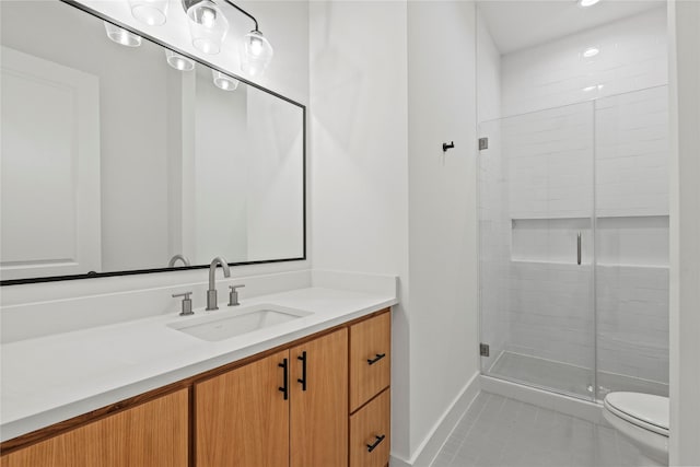 1218 Gannon Ln, Desoto, TX 75115 - bathroom featuring toilet, tile patterned flooring, vanity, a stall shower, and baseboards