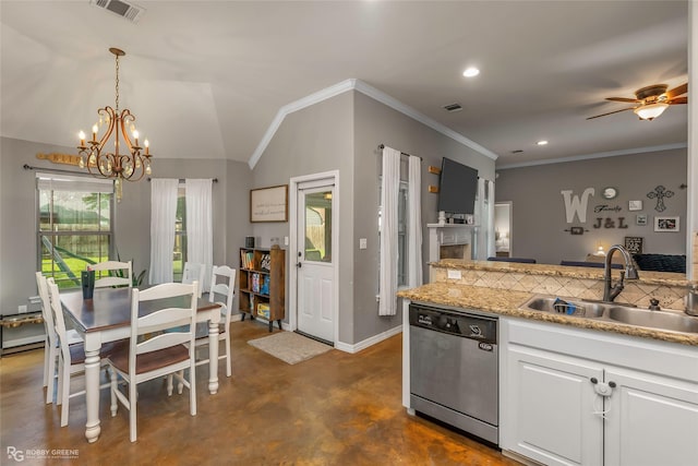 181 Bent Tree Loop, Haughton, LA 71037 - kitchen with dishwasher, a sink, finished concrete floors, a chandelier, and crown molding