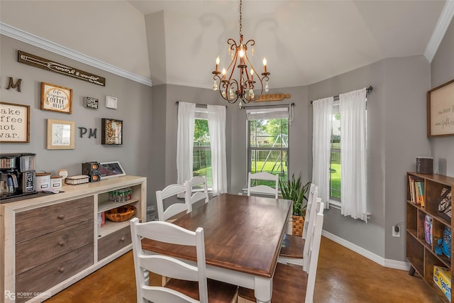 181 Bent Tree Loop, Haughton, LA 71037 - dining room featuring a chandelier, vaulted ceiling, baseboards, and finished concrete floors