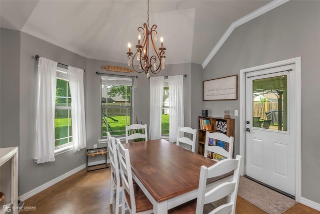 181 Bent Tree Loop, Haughton, LA 71037 - dining space featuring lofted ceiling, a chandelier, baseboards, and concrete flooring