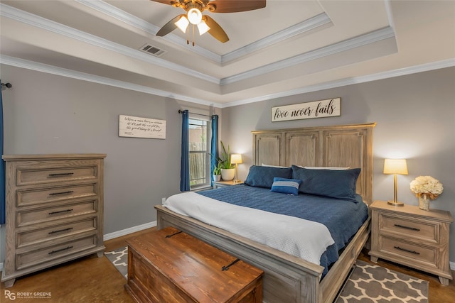 181 Bent Tree Loop, Haughton, LA 71037 - bedroom with a raised ceiling, crown molding, baseboards, and ceiling fan