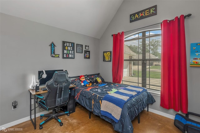 181 Bent Tree Loop, Haughton, LA 71037 - bedroom featuring lofted ceiling, baseboards, and concrete flooring