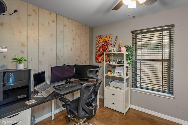181 Bent Tree Loop, Haughton, LA 71037 - home office with a ceiling fan, baseboards, and wooden walls