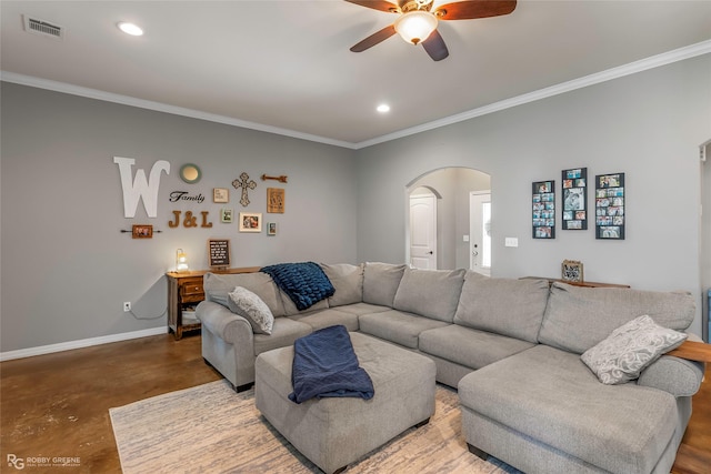 181 Bent Tree Loop, Haughton, LA 71037 - living area with arched walkways, a ceiling fan, concrete flooring, ornamental molding, and baseboards