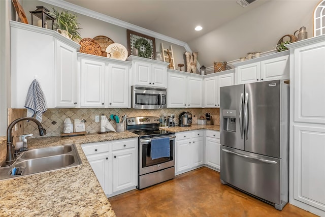 181 Bent Tree Loop, Haughton, LA 71037 - kitchen featuring appliances with stainless steel finishes, a sink, concrete floors, tasteful backsplash, and ornamental molding