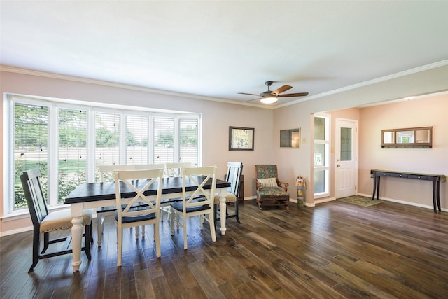 6710 Eastview Dr, Sachse, TX 75048 - dining area featuring a ceiling fan, ornamental molding, dark wood-style flooring, and baseboards
