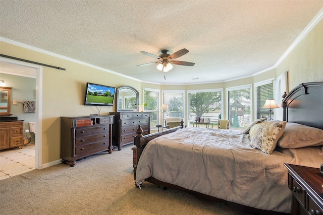 6710 Eastview Dr, Sachse, TX 75048 - bedroom featuring ornamental molding, light carpet, a textured ceiling, light tile patterned flooring, and a ceiling fan
