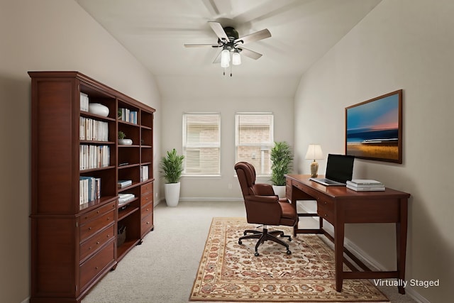 906 Silverbell St, Princeton, TX 75407 - home office with ceiling fan, lofted ceiling, and light colored carpet