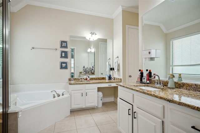 5833 Crescent Ln, Colleyville, TX 76034 - bathroom with a garden tub, tile patterned floors, vanity, and crown molding