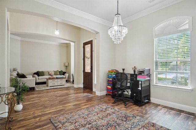 5833 Crescent Ln, Colleyville, TX 76034 - office area featuring wood finished floors, crown molding, baseboards, arched walkways, and a chandelier