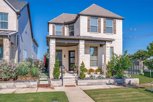 8977 George Cayley Ln, Frisco, TX 75034 - view of front facade featuring a shingled roof, brick siding, and a porch