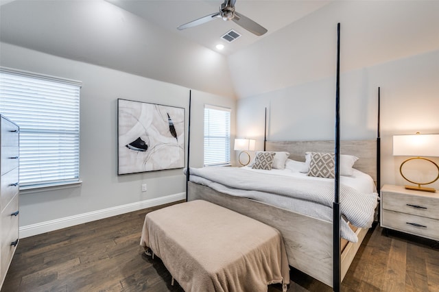 8977 George Cayley Ln, Frisco, TX 75034 - bedroom with lofted ceiling, hardwood / wood-style floors, multiple windows, baseboards, and a ceiling fan