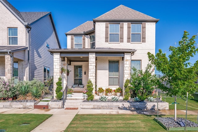 8977 George Cayley Ln, Frisco, TX 75034 - view of front of home with covered porch, roof with shingles, a front yard, and brick siding