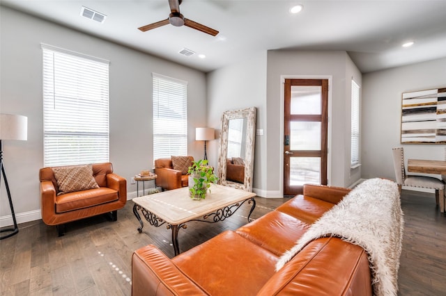 8977 George Cayley Ln, Frisco, TX 75034 - living area with ceiling fan, baseboards, wood-type flooring, and recessed lighting