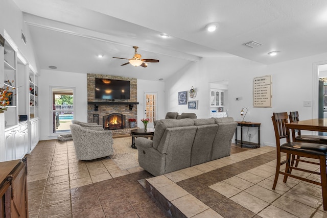 3213 Kingsbridge Dr, Plano, TX 75075 - living room featuring ceiling fan, a brick fireplace, and baseboards