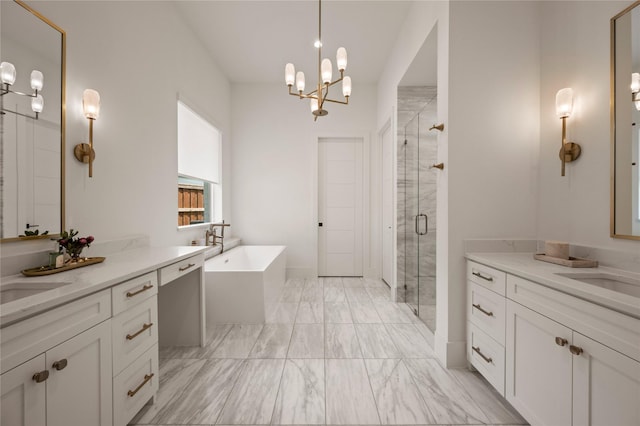 3313 Jackson Ct, Grapevine, TX 76092 - bathroom featuring marble finish flooring, a stall shower, two vanities, a soaking tub, and a chandelier