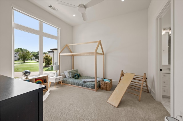 3313 Jackson Ct, Grapevine, TX 76092 - bedroom with carpet floors, recessed lighting, a ceiling fan, and connected bathroom