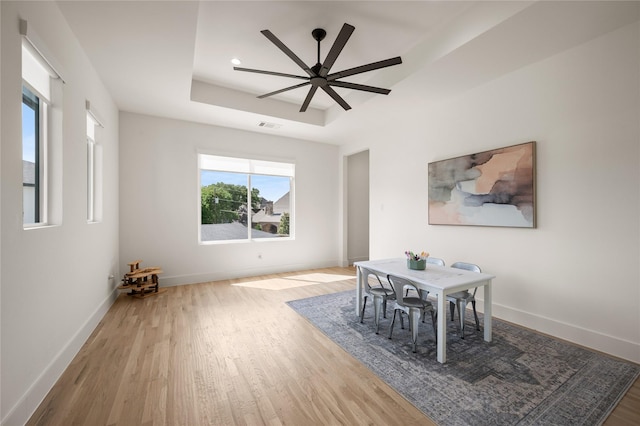 3313 Jackson Ct, Grapevine, TX 76092 - dining room with wood finished floors, a raised ceiling, baseboards, and ceiling fan