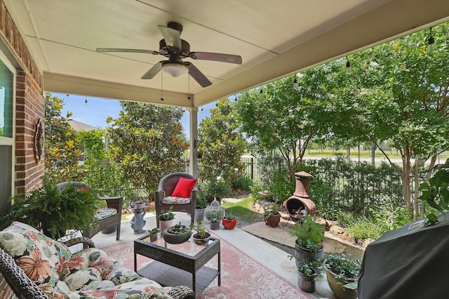 8829 Cantina Bay Ln, Frisco, TX 75036 - fenced backyard featuring ceiling fan, a patio area, and outdoor lounge area