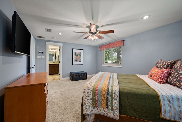 1432 Cimarron Trl, Hurst, TX 76053 - bedroom featuring carpet, recessed lighting, ceiling fan, and connected bathroom