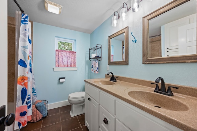1432 Cimarron Trl, Hurst, TX 76053 - full bathroom with toilet, double vanity, tile patterned flooring, baseboards, and curtained shower