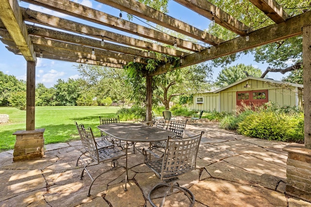 1432 Cimarron Trl, Hurst, TX 76053 - view of patio / terrace featuring outdoor dining space, an outbuilding, a pergola, and view of scattered trees