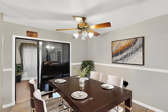 5588 Squires Dr, The Colony, TX 75056 - dining area with a ceiling fan, tile patterned flooring, and baseboards