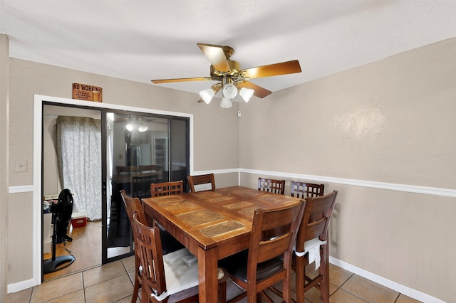 5588 Squires Dr, The Colony, TX 75056 - dining area featuring light tile patterned floors, a ceiling fan, and baseboards