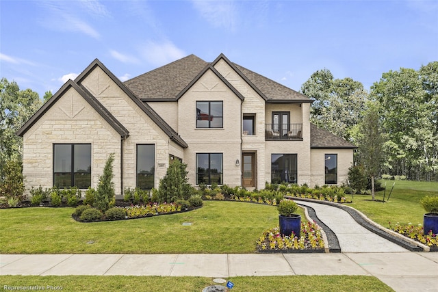 16322 Old Westbury Ln, Frisco, TX 75033 - view of front of house with a front yard, roof with shingles, stone siding, and a balcony