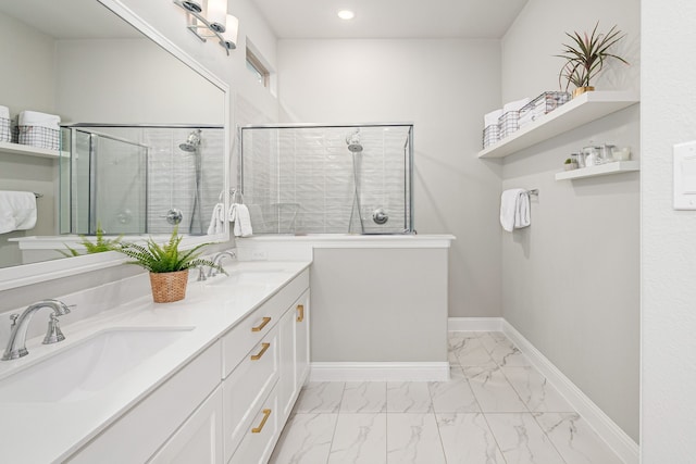 4258 Sechrist Dr, Frisco, TX 75034 - bathroom featuring marble look tiles, double vanity, a shower, and recessed lighting