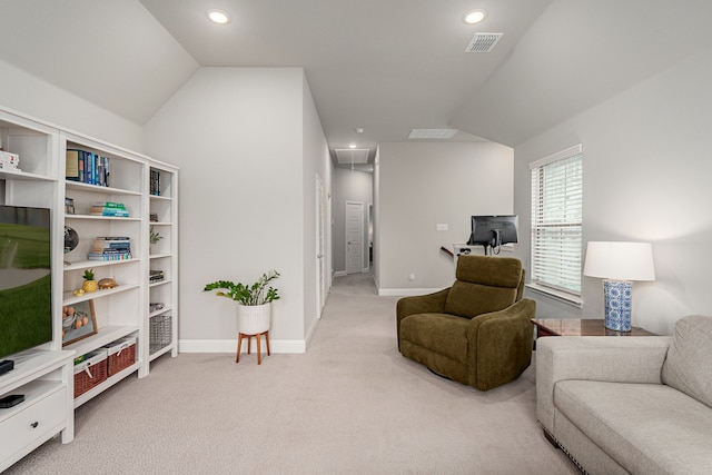 4258 Sechrist Dr, Frisco, TX 75034 - living room with light colored carpet, lofted ceiling, and recessed lighting
