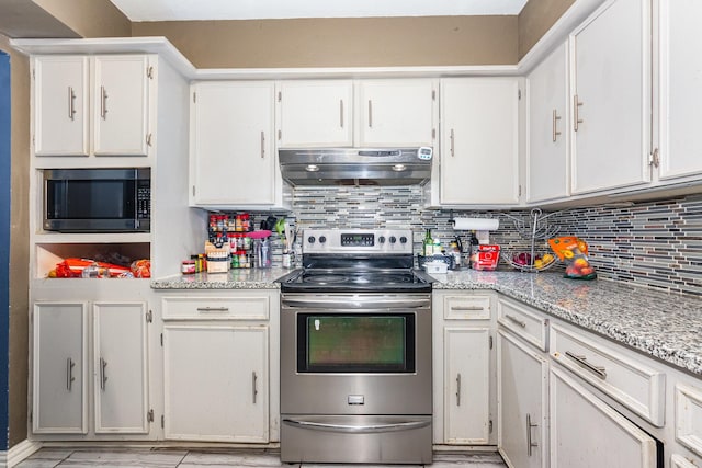 801 Daventry Dr, Garland, TX 75040 - kitchen with under cabinet range hood, stainless steel appliances, white cabinets, and backsplash