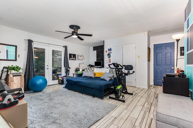 801 Daventry Dr, Garland, TX 75040 - living area featuring french doors, ceiling fan, and light wood-style floors
