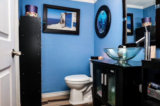 14800 Enterprise Dr Unit 23D, Farmers Branch, TX 75234 - bathroom featuring wood finished floors, crown molding, vanity, and a textured wall