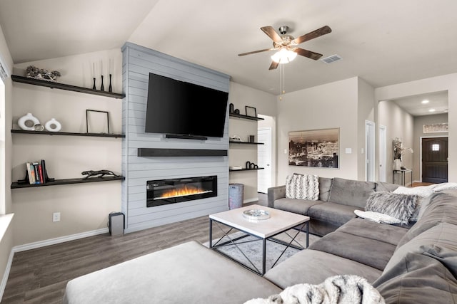 3216 Maroon Creek Rd, Aubrey, TX 76227 - living room featuring a ceiling fan, wood finished floors, a large fireplace, baseboards, and recessed lighting