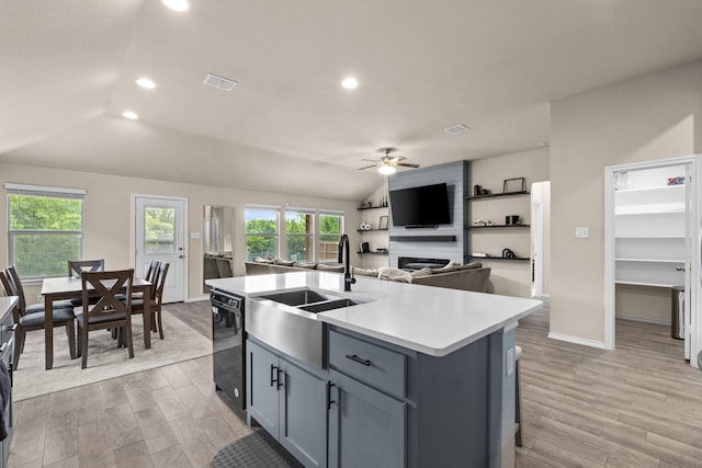3216 Maroon Creek Rd, Aubrey, TX 76227 - kitchen with dishwasher, a sink, ceiling fan, lofted ceiling, and recessed lighting