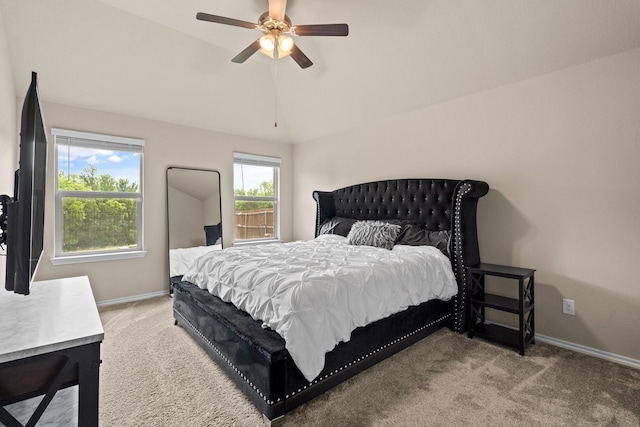 3216 Maroon Creek Rd, Aubrey, TX 76227 - carpeted bedroom featuring baseboards, lofted ceiling, and ceiling fan