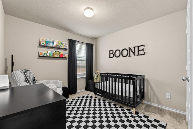 3216 Maroon Creek Rd, Aubrey, TX 76227 - bedroom with baseboards, light carpet, a nursery area, and a textured ceiling