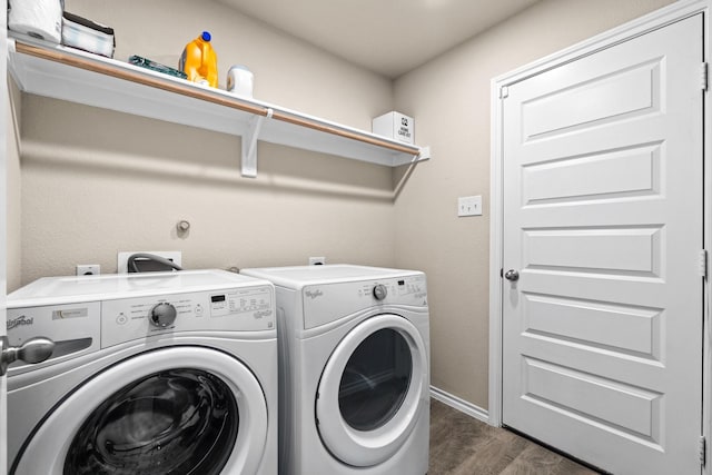 3216 Maroon Creek Rd, Aubrey, TX 76227 - laundry room with washing machine and dryer, dark wood-style flooring, and baseboards