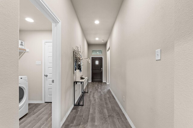 3216 Maroon Creek Rd, Aubrey, TX 76227 - hallway featuring washer / clothes dryer, wood finished floors, recessed lighting, and baseboards