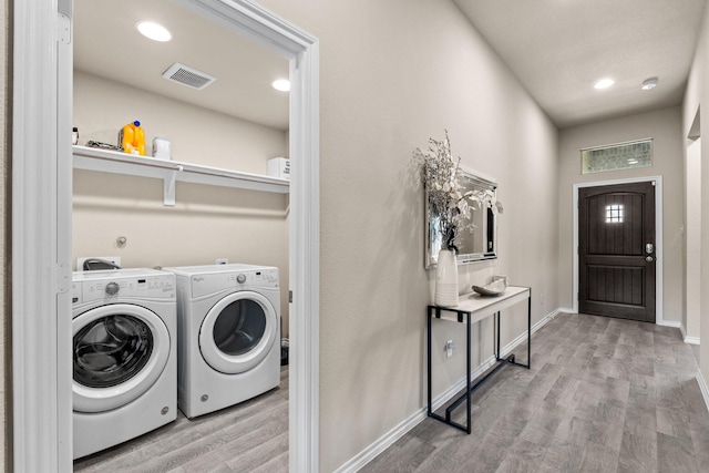 3216 Maroon Creek Rd, Aubrey, TX 76227 - laundry area featuring washing machine and dryer, wood finished floors, baseboards, and recessed lighting
