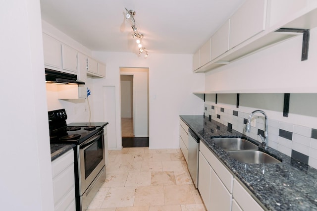 6646 E Lovers Ln Unit 301, Dallas, TX 75214 - kitchen featuring appliances with stainless steel finishes, under cabinet range hood, a sink, decorative backsplash, and dark stone countertops