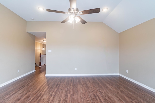 7001 Bickers Dr, Rowlett, TX 75089 - unfurnished room featuring ceiling fan, baseboards, dark wood finished floors, lofted ceiling, and recessed lighting