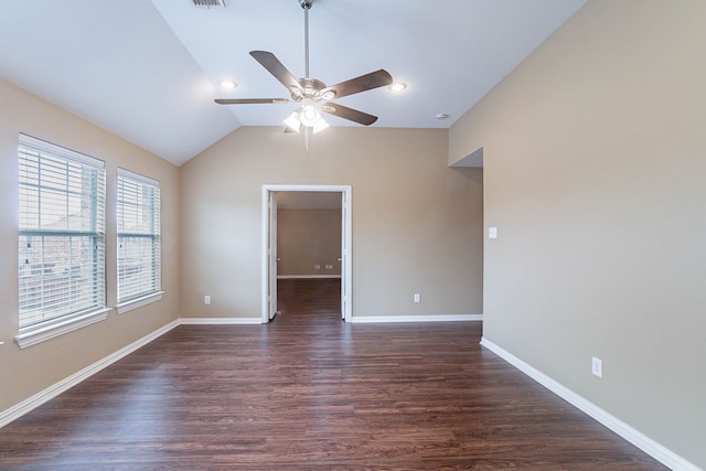 7001 Bickers Dr, Rowlett, TX 75089 - unfurnished room with ceiling fan, dark wood finished floors, baseboards, and lofted ceiling