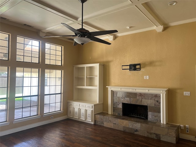 4158 Briargrove Ln, Dallas, TX 75287 - unfurnished living room featuring coffered ceiling, dark wood-type flooring, a stone fireplace, plenty of natural light, and ceiling fan