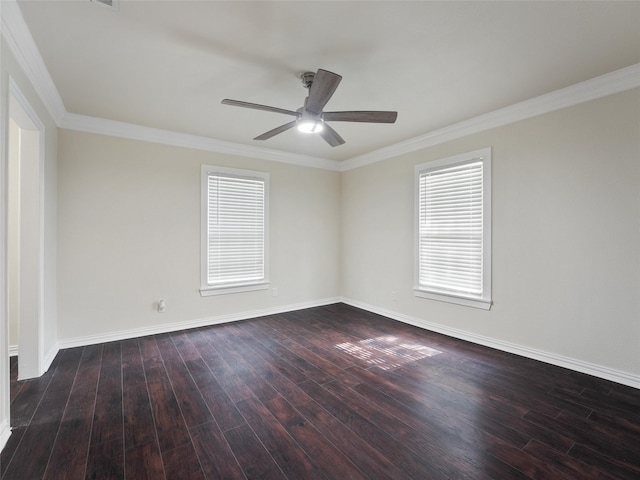 320 Methodist St, Red Oak, TX 75154 - spare room featuring ceiling fan, dark wood-type flooring, baseboards, and crown molding