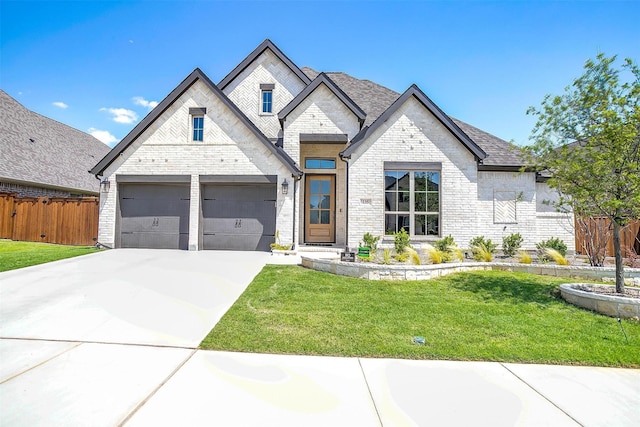 135 Derrett Ln, Rhome, TX 76078 - french country home with driveway, a garage, and brick siding