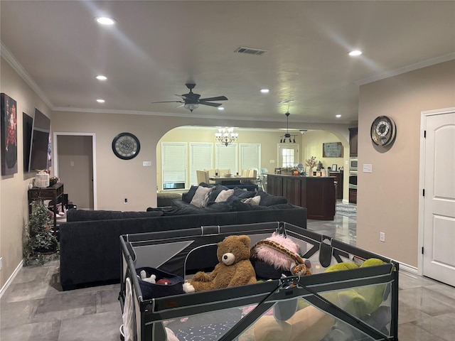 3307 Shawnee Trl, Lake Worth, TX 76135 - living room with arched walkways, a ceiling fan, recessed lighting, a chandelier, and baseboards