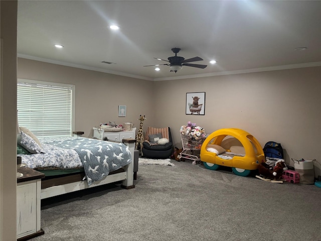 3307 Shawnee Trl, Lake Worth, TX 76135 - carpeted bedroom featuring recessed lighting, crown molding, and ceiling fan
