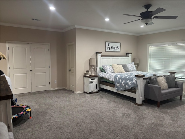 3307 Shawnee Trl, Lake Worth, TX 76135 - bedroom with ornamental molding, carpet, baseboards, recessed lighting, and ceiling fan